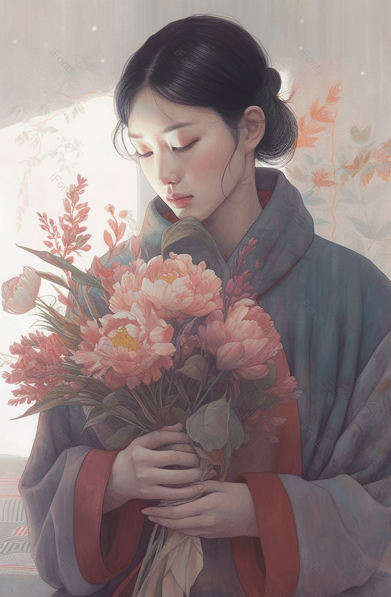 手捧牡丹花漂亮女孩背景,插画/手绘图,插画/手绘图库,插画/手绘图下载,插画/手绘